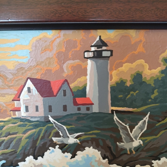Vintage Paint By Number Framed Seascape Lighthouse Ocean View Painting - Picture 2 of 11